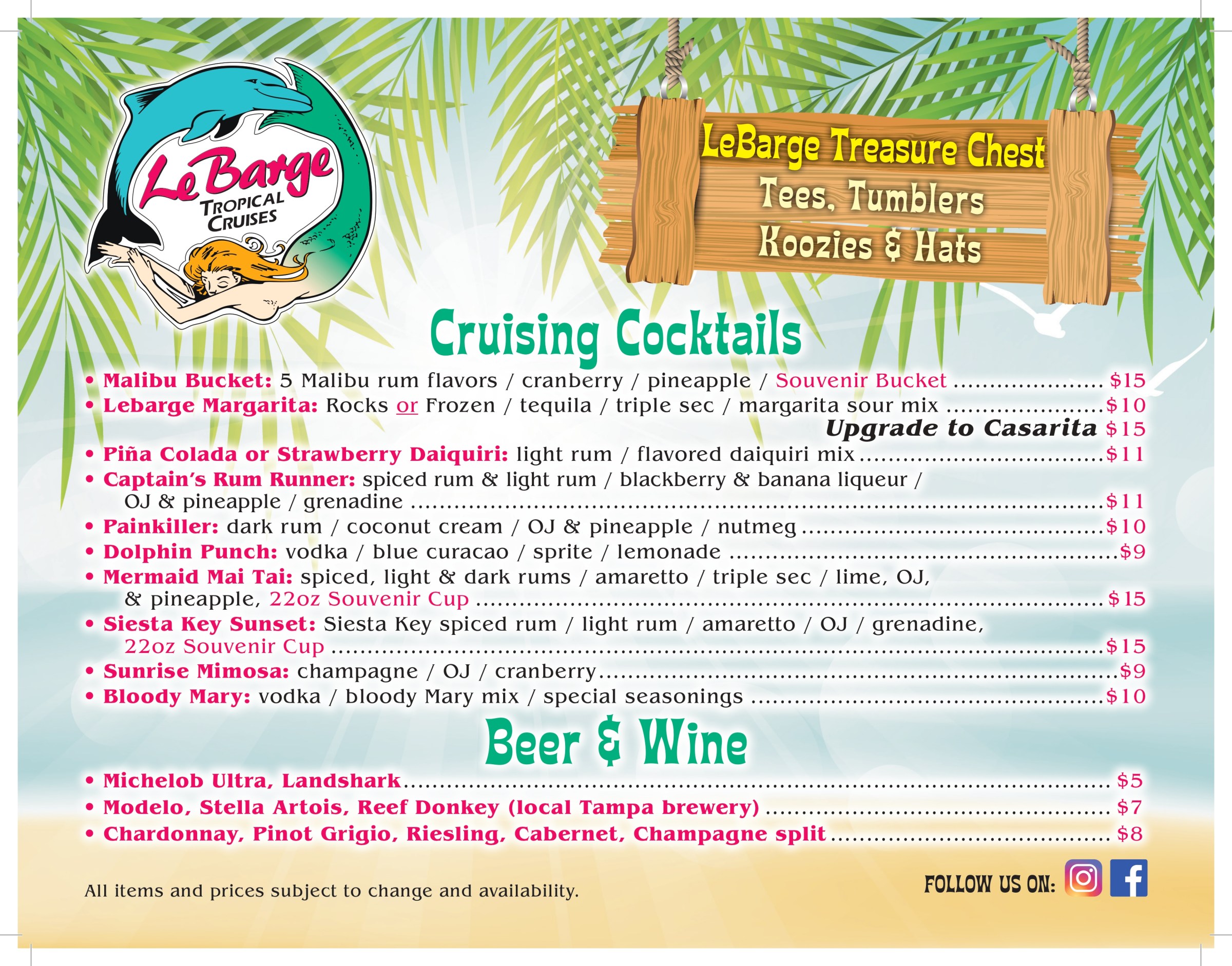 Menu featuring cruising cocktails and beer options at LeBarge Tropical Cruises with prices.
