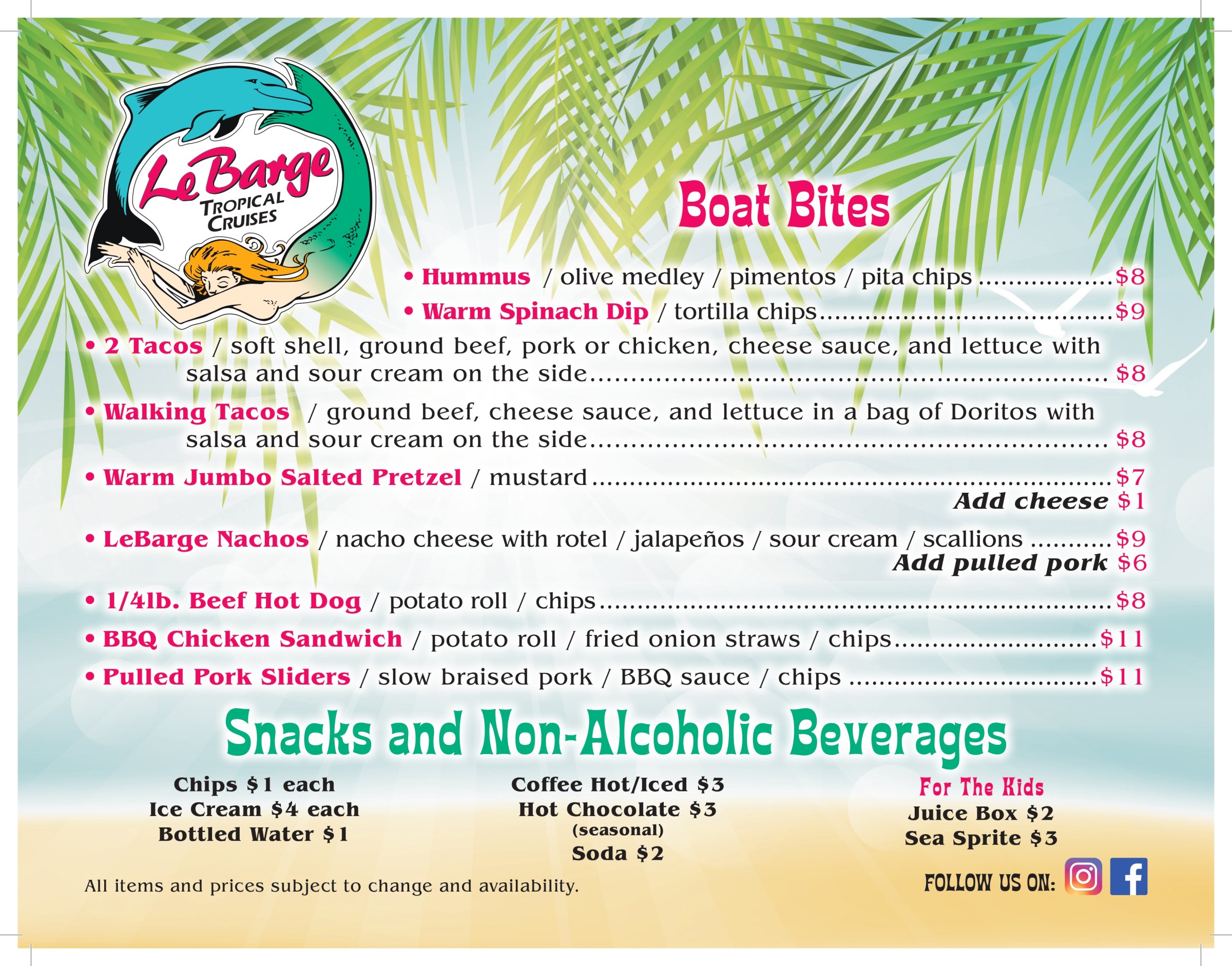 Menu for LeBarge Tropical Cruises featuring Boat Bites like tacos, nachos, sandwiches, and snacks.